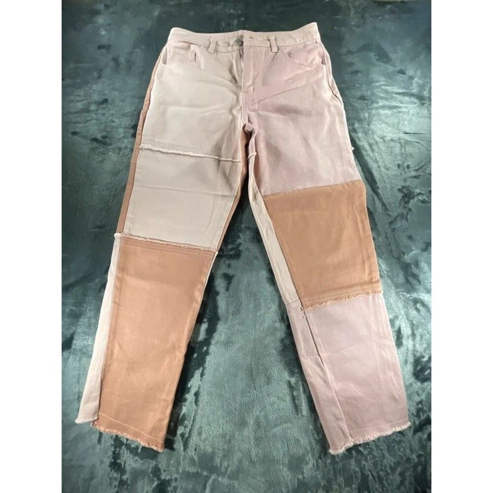 Forever21 Patchwork Straight-Leg Pants Pink Colorblock,  Size L (31.5)